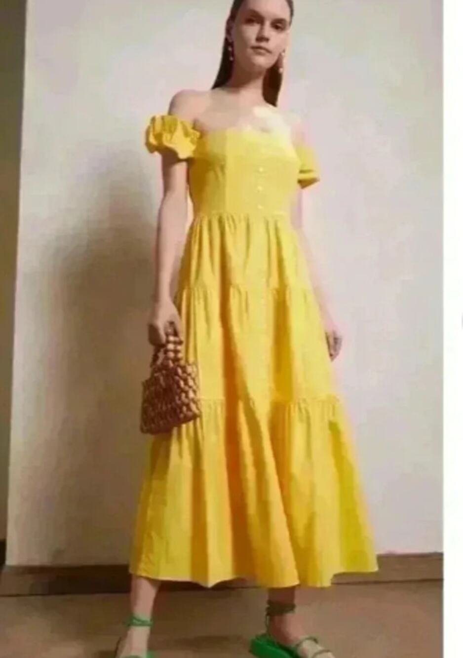 NWT STAUD Elio Lemon Yellow Dress Tiered Off The Shoulder Resort Vacation Cruise